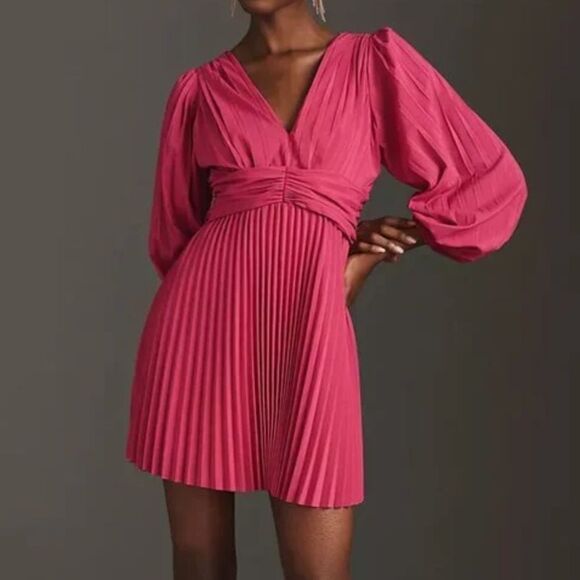 Anthropologie Aureta Pleated Long-Sleeve V Neck Midi Dress Sz M Party Holiday - Picture 1 of 8